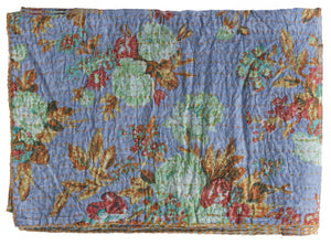 HomeRoots 50" Handcrafted Cotton Quilted Floral Throw Blanket – Blue, Green & Red Embroidery for Cozy Style 544555