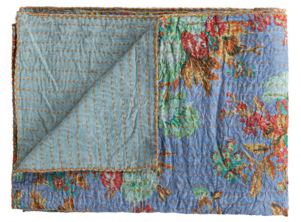 HomeRoots 50" Handcrafted Cotton Quilted Floral Throw Blanket – Blue, Green & Red Embroidery for Cozy Style 544555