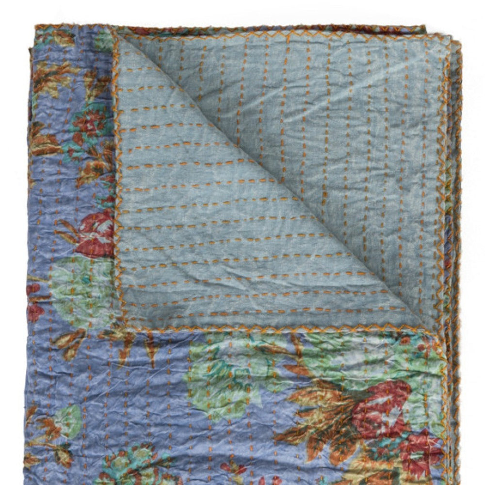 HomeRoots 50" Handcrafted Cotton Quilted Floral Throw Blanket – Blue, Green & Red Embroidery for Cozy Style 544555