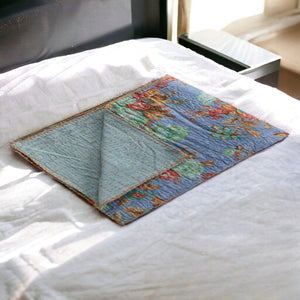 HomeRoots 50" Handcrafted Cotton Quilted Floral Throw Blanket – Blue, Green & Red Embroidery for Cozy Style 544555