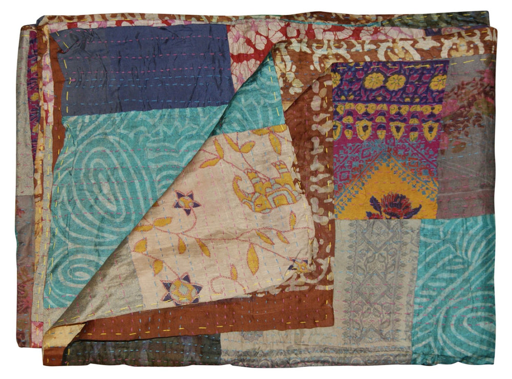 HomeRoots 50" Tan and Beige Silk Kantha Throw Blanket - Handmade Quilted Patchwork with Embroidery Charm 544557