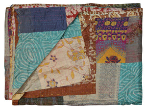 HomeRoots 50" Tan and Beige Silk Kantha Throw Blanket - Handmade Quilted Patchwork with Embroidery Charm 544557