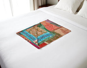 HomeRoots 50" Tan and Beige Silk Kantha Throw Blanket - Handmade Quilted Patchwork with Embroidery Charm 544557