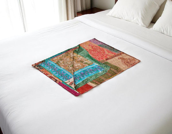 HomeRoots 50" Tan and Beige Silk Kantha Throw Blanket - Handmade Quilted Patchwork with Embroidery Charm 544557