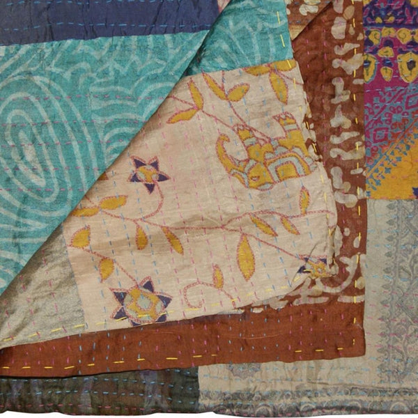 HomeRoots 50" Tan and Beige Silk Kantha Throw Blanket - Handmade Quilted Patchwork with Embroidery Charm 544557