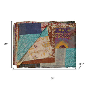 HomeRoots 50" Tan and Beige Silk Kantha Throw Blanket - Handmade Quilted Patchwork with Embroidery Charm 544557