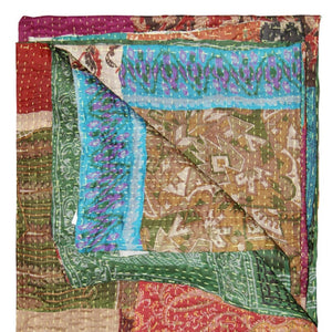 HomeRoots 50" Tan and Beige Silk Kantha Throw Blanket - Handmade Quilted Patchwork with Embroidery Charm 544557