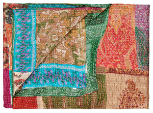 HomeRoots 50" Tan and Beige Silk Kantha Throw Blanket - Handmade Quilted Patchwork with Embroidery Charm 544557