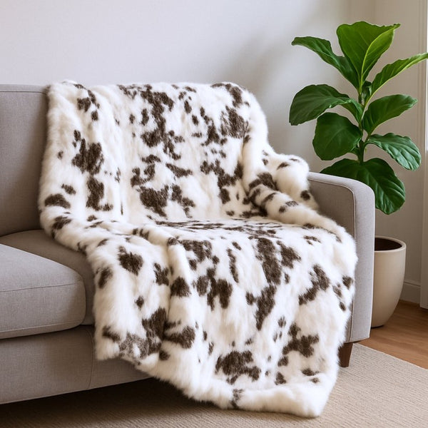 HomeRoots 50" Luxurious Brown and White Rabbit Fur Plush Throw Blanket - Cozy, Handmade Gift for All Occasions 544562