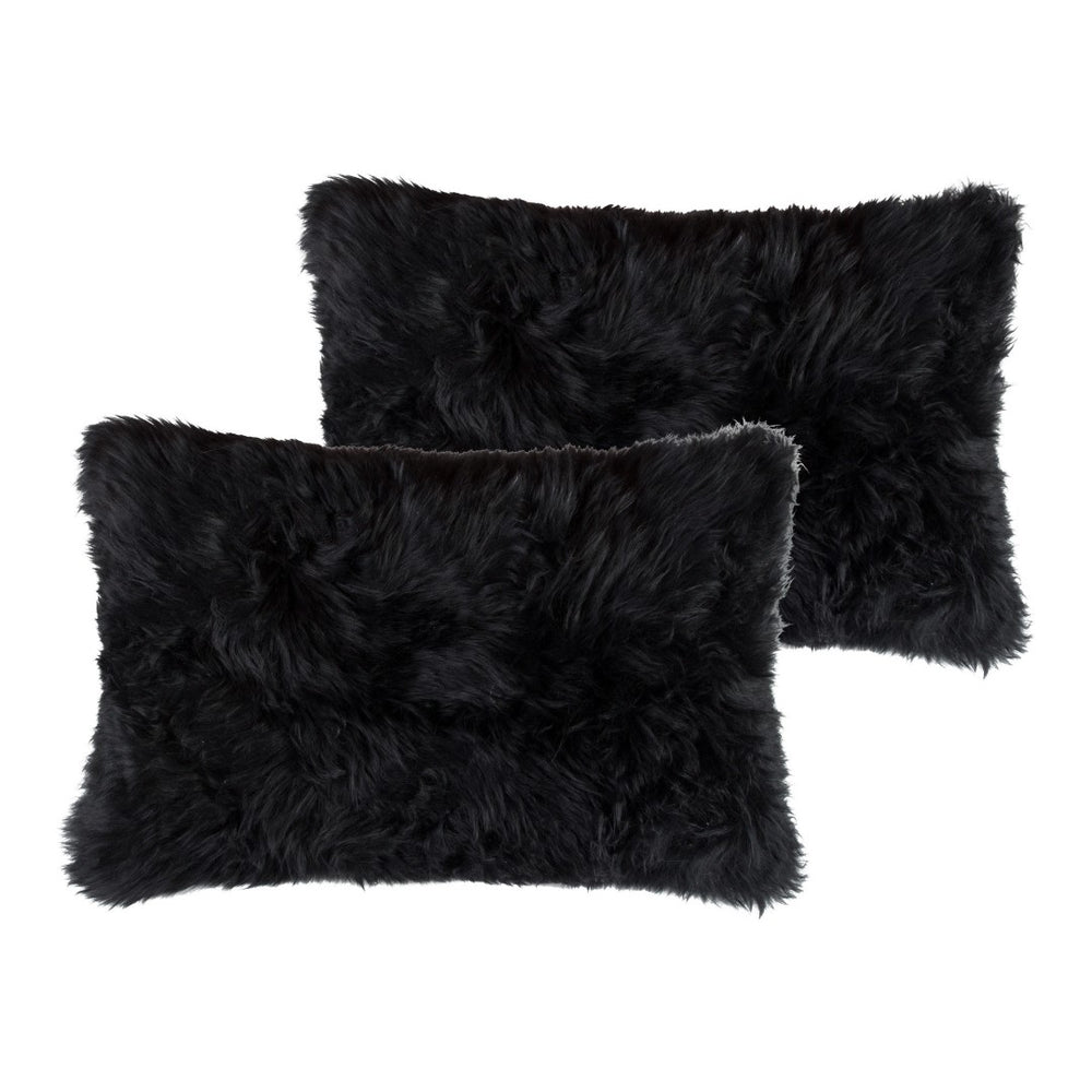 HomeRoots Set of Two Luxurious 12" x 20" Black Sheepskin Lumbar Pillows for Elegant Home Décor & Comfort 544563