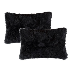 HomeRoots Set of Two Luxurious 12" x 20" Black Sheepskin Lumbar Pillows for Elegant Home Décor & Comfort 544563