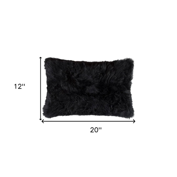 HomeRoots Set of Two Luxurious 12" x 20" Black Sheepskin Lumbar Pillows for Elegant Home Décor & Comfort 544563