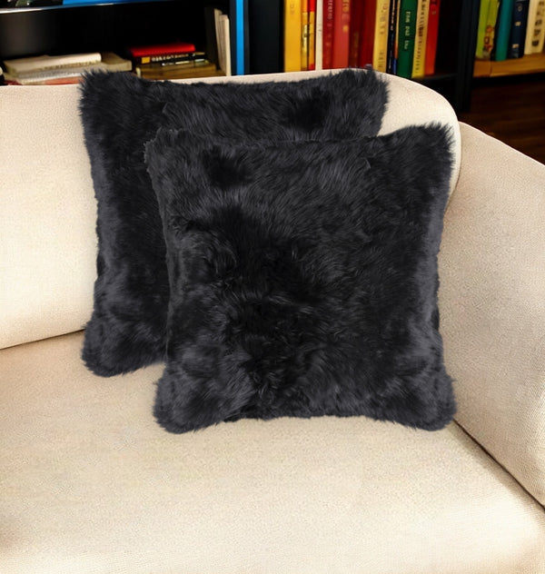 Homeroots Set Of Two 18" Black Sheepskin Throw Pillows   544564