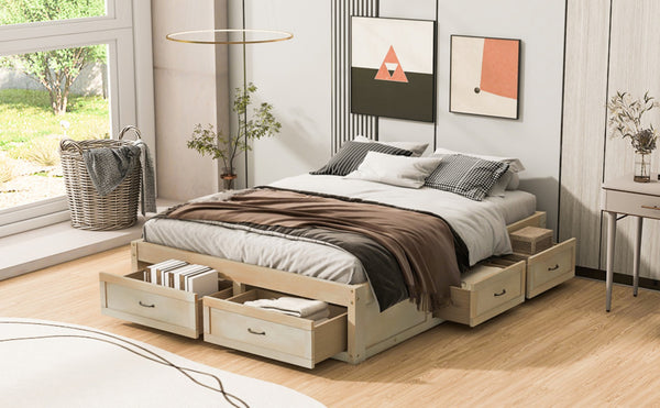 English Elm Queen Platform Bed with Six Storage Drawers Low Profile Frame for Modern Bedrooms Antique Natural N708P263022N-1