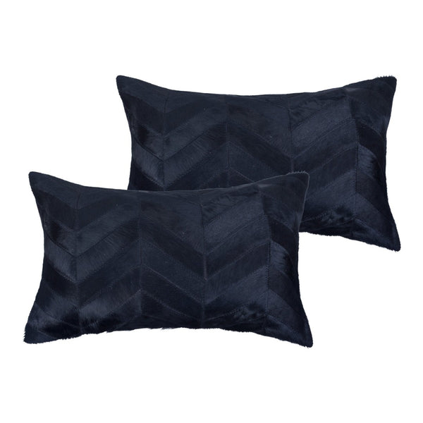 HomeRoots Set of Two Luxurious 12" x 20" Black Chevron Cowhide Lumbar Pillows for Modern Home Décor 544578