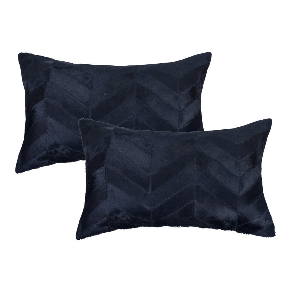 HomeRoots Set of Two Luxurious 12" x 20" Black Chevron Cowhide Lumbar Pillows for Modern Home Décor 544578