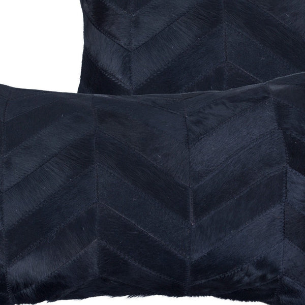 HomeRoots Set of Two Luxurious 12" x 20" Black Chevron Cowhide Lumbar Pillows for Modern Home Décor 544578