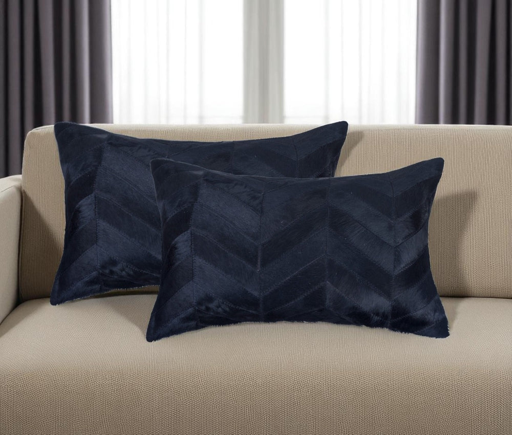 HomeRoots Set of Two Luxurious 12" x 20" Black Chevron Cowhide Lumbar Pillows for Modern Home Décor 544578