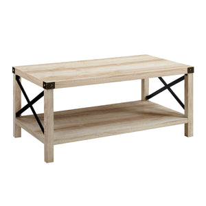 English Elm Walker Edison - Farmhouse Metal-X Coffee Table White Oak/Bronze — Rustic Industrial MDF, X-Metal Accents & Lower Shelf B185P326690