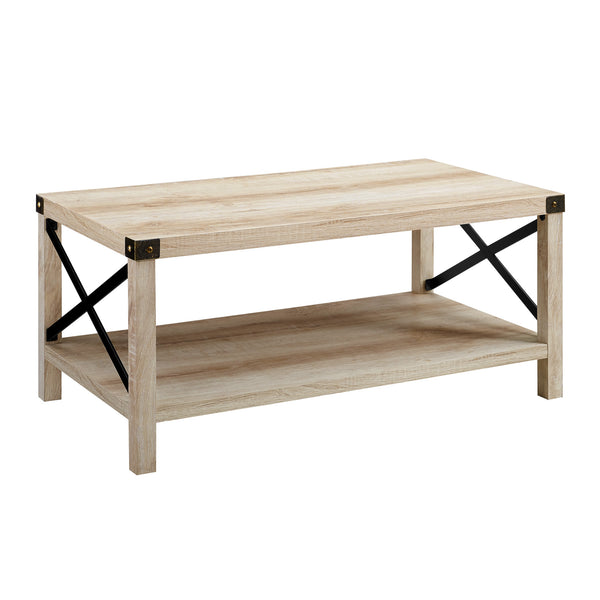 English Elm Walker Edison - Farmhouse Metal-X Coffee Table White Oak/Bronze — Rustic Industrial MDF, X-Metal Accents & Lower Shelf B185P326690