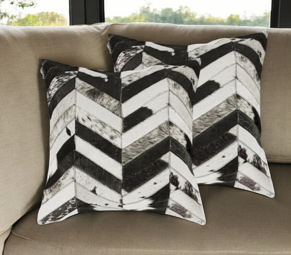HomeRoots Set of Two 18" Black and Natural Chevron Cowhide Pillows for Rustic Chic Home Decor Accents 544580