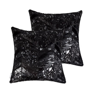 HomeRoots Set of Two 18" Chevron Cowhide Throw Pillows in Black & Silver with Glam Glitter Accent Decor 544581