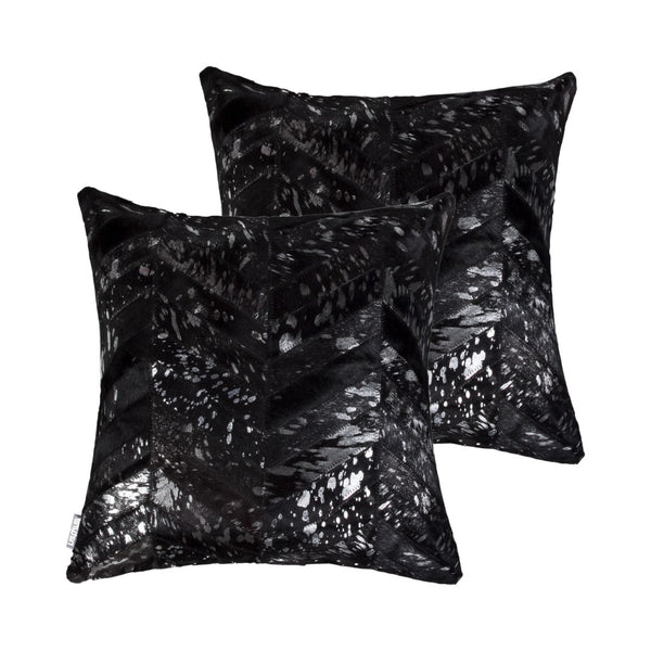 HomeRoots Set of Two 18" Chevron Cowhide Throw Pillows in Black & Silver with Glam Glitter Accent Decor 544581