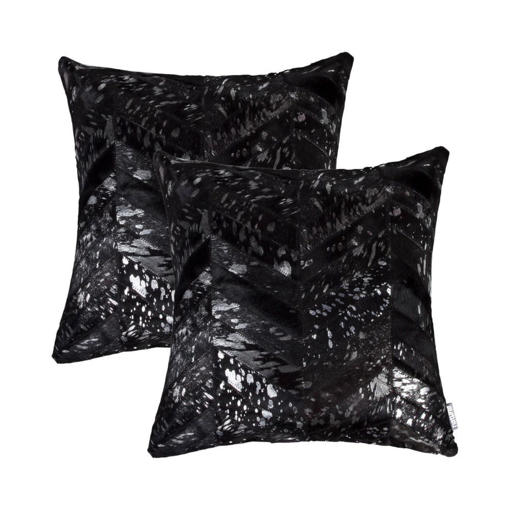 HomeRoots Set of Two 18" Chevron Cowhide Throw Pillows in Black & Silver with Glam Glitter Accent Decor 544581
