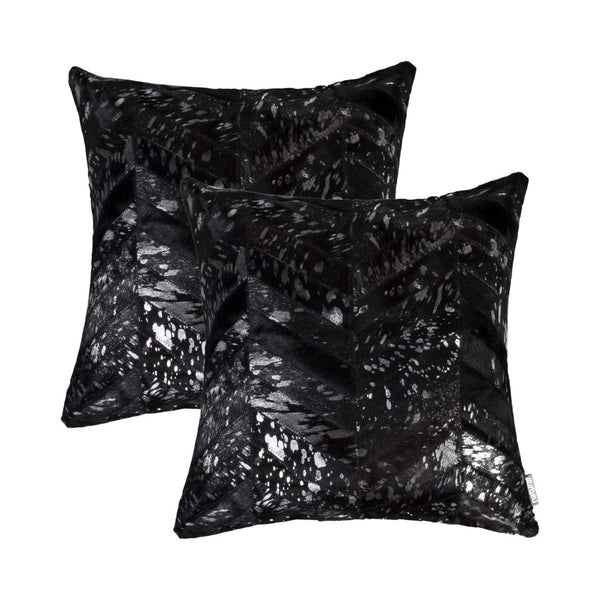 HomeRoots Set of Two 18" Chevron Cowhide Throw Pillows in Black & Silver with Glam Glitter Accent Decor 544581