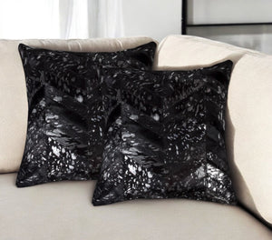 HomeRoots Set of Two 18" Chevron Cowhide Throw Pillows in Black & Silver with Glam Glitter Accent Decor 544581