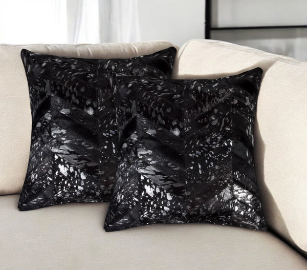 HomeRoots Set of Two 18" Chevron Cowhide Throw Pillows in Black & Silver with Glam Glitter Accent Decor 544581