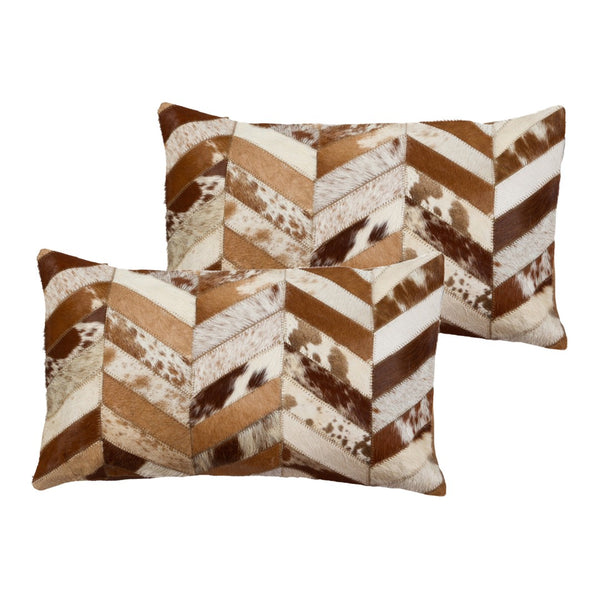 HomeRoots Set of Two Chevron Cowhide Lumbar Throw Pillows - Rustic Elegance with Modern Style & Comfort 544582