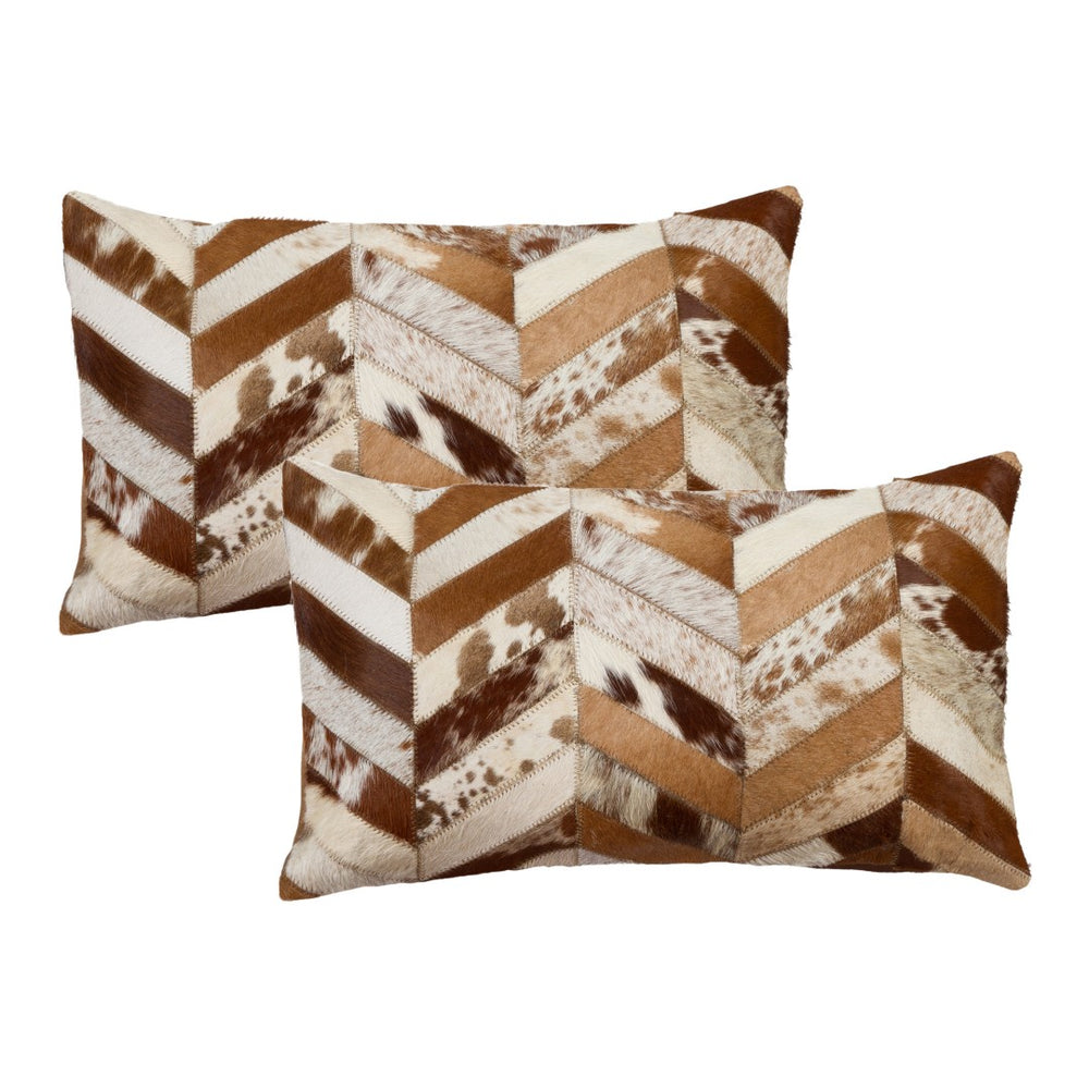 HomeRoots Set of Two Chevron Cowhide Lumbar Throw Pillows - Rustic Elegance with Modern Style & Comfort 544582
