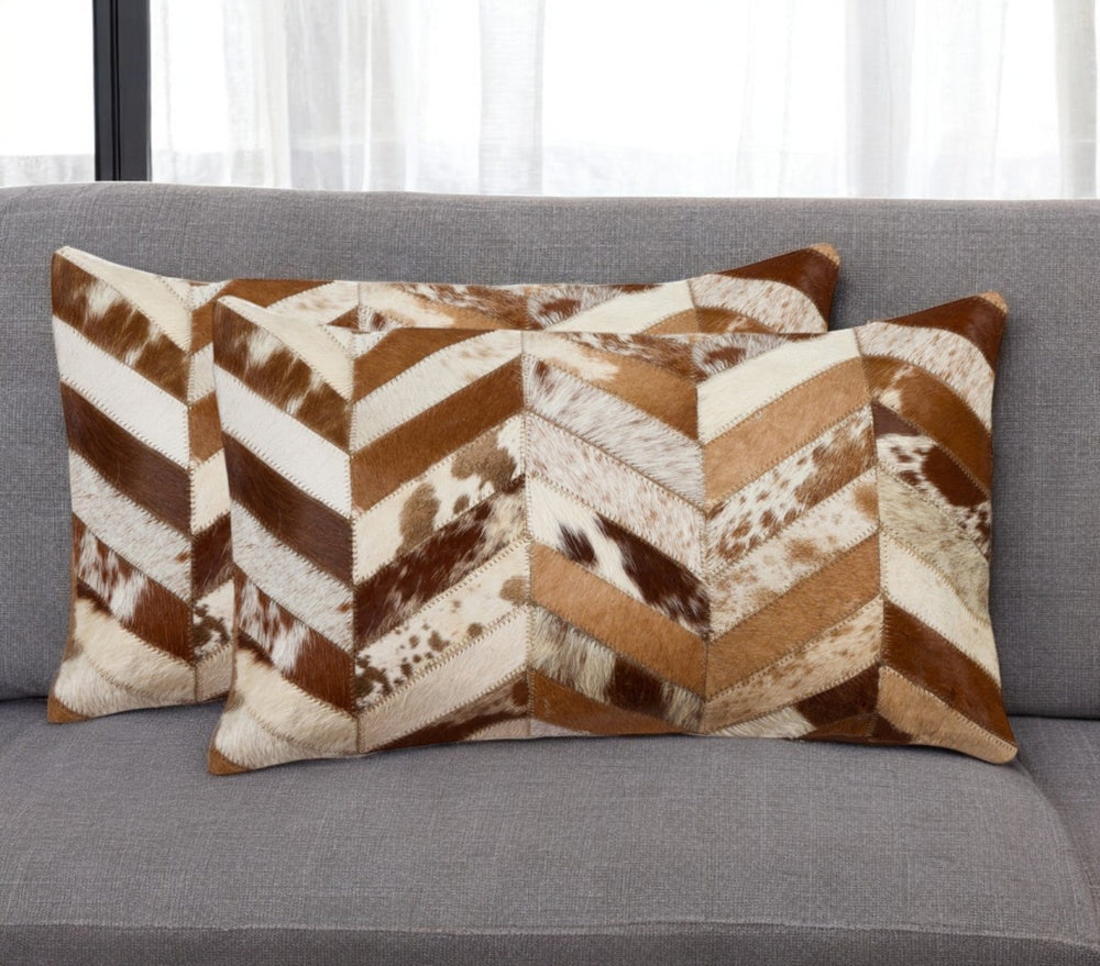 HomeRoots Set of Two Chevron Cowhide Lumbar Throw Pillows - Rustic Elegance with Modern Style & Comfort 544582