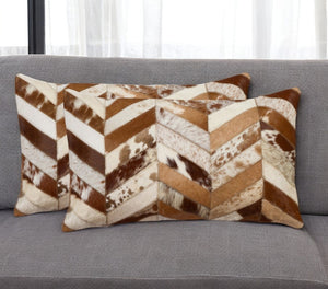 HomeRoots Set of Two Chevron Cowhide Lumbar Throw Pillows - Rustic Elegance with Modern Style & Comfort 544582