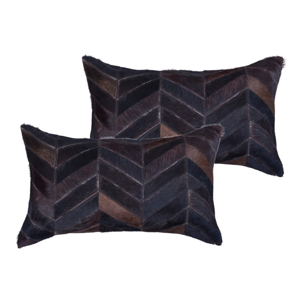 HomeRoots Set of Two Luxurious 12" x 20" Chocolate Chevron Cowhide Lumbar Pillows for Cozy Decor Style 544583