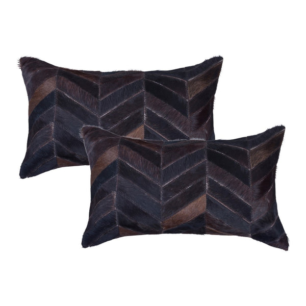 HomeRoots Set of Two Luxurious 12" x 20" Chocolate Chevron Cowhide Lumbar Pillows for Cozy Decor Style 544583