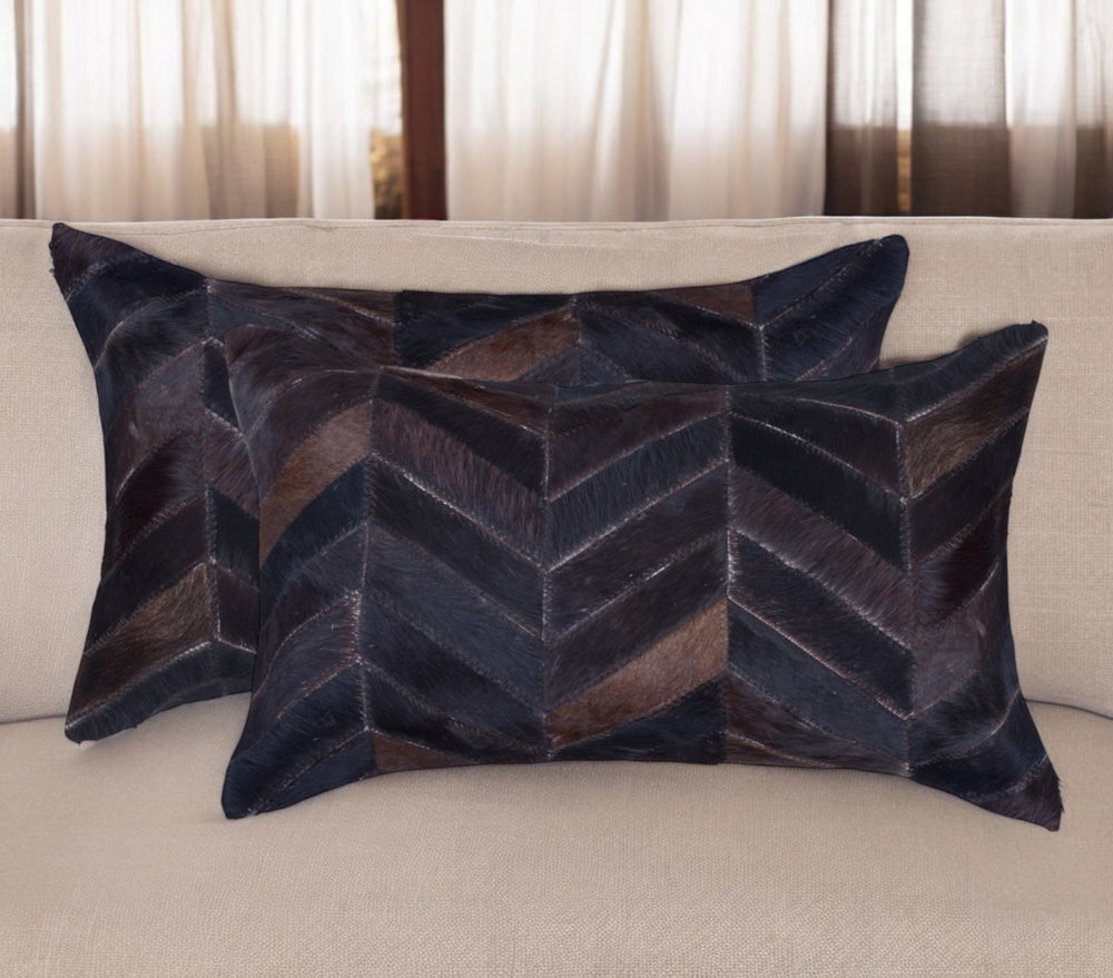 HomeRoots Set of Two Luxurious 12" x 20" Chocolate Chevron Cowhide Lumbar Pillows for Cozy Decor Style 544583