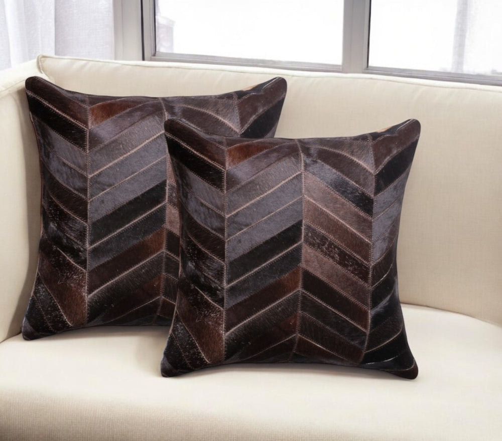 HomeRoots Set of Two 18" Luxurious Chocolate Chevron Cowhide Throw Pillows for Elegant Home Décor Upgrade 544584