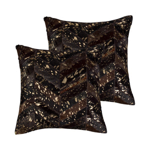 HomeRoots Set of Two 18" Chevron Cowhide Throw Pillows in Rich Chocolate and Gold for Luxe Home Decor 544585
