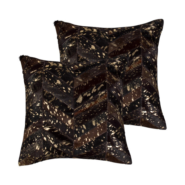 HomeRoots Set of Two 18" Chevron Cowhide Throw Pillows in Rich Chocolate and Gold for Luxe Home Decor 544585