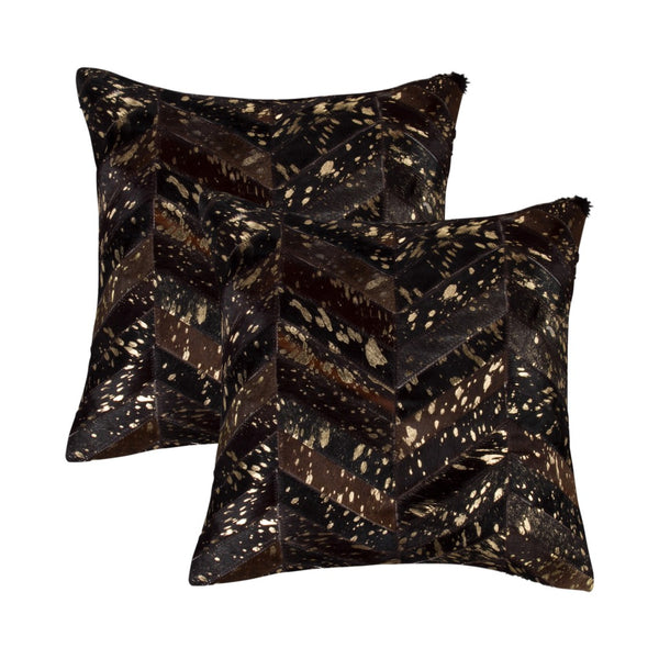 HomeRoots Set of Two 18" Chevron Cowhide Throw Pillows in Rich Chocolate and Gold for Luxe Home Decor 544585
