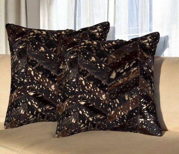 HomeRoots Set of Two 18" Chevron Cowhide Throw Pillows in Rich Chocolate and Gold for Luxe Home Decor 544585