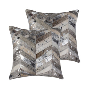 HomeRoots Set of Two 18" Chevron Cowhide Throw Pillows in Gray, Brown & Silver for Rustic Elegance & Comfort 544586