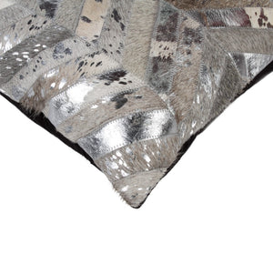 HomeRoots Set of Two 18" Chevron Cowhide Throw Pillows in Gray, Brown & Silver for Rustic Elegance & Comfort 544586