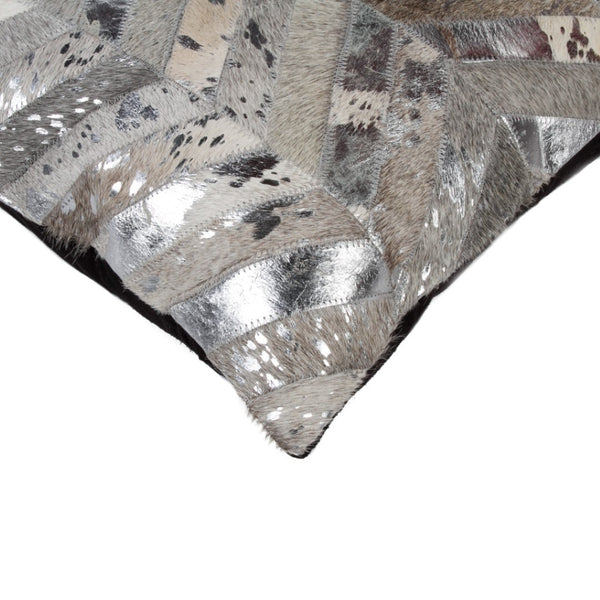 HomeRoots Set of Two 18" Chevron Cowhide Throw Pillows in Gray, Brown & Silver for Rustic Elegance & Comfort 544586