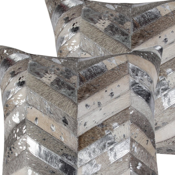 HomeRoots Set of Two 18" Chevron Cowhide Throw Pillows in Gray, Brown & Silver for Rustic Elegance & Comfort 544586