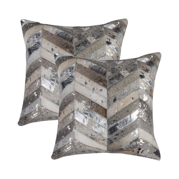 HomeRoots Set of Two 18" Chevron Cowhide Throw Pillows in Gray, Brown & Silver for Rustic Elegance & Comfort 544586