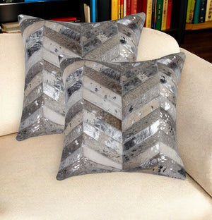 HomeRoots Set of Two 18" Chevron Cowhide Throw Pillows in Gray, Brown & Silver for Rustic Elegance & Comfort 544586
