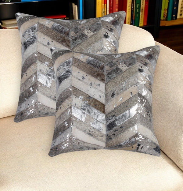 HomeRoots Set of Two 18" Chevron Cowhide Throw Pillows in Gray, Brown & Silver for Rustic Elegance & Comfort 544586